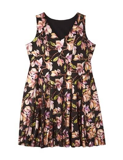 Plus size black fit and flare dress with metallic florals