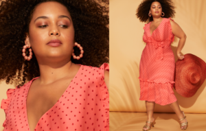 Woman wearing red and pink plus-size faux wrap dress.