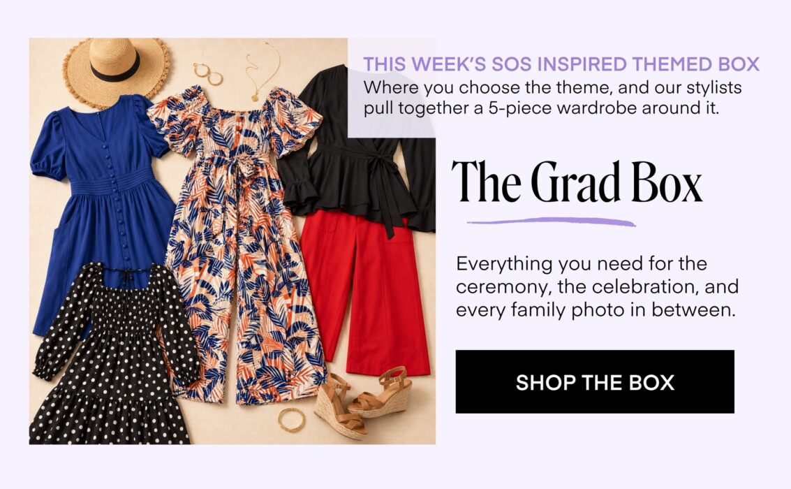Promotional graphic for “The Grad Box” featuring colorful graduation guest outfit options including dresses, a jumpsuit, wide-leg pants, wedges, jewelry, and a straw hat styled in a flat lay.