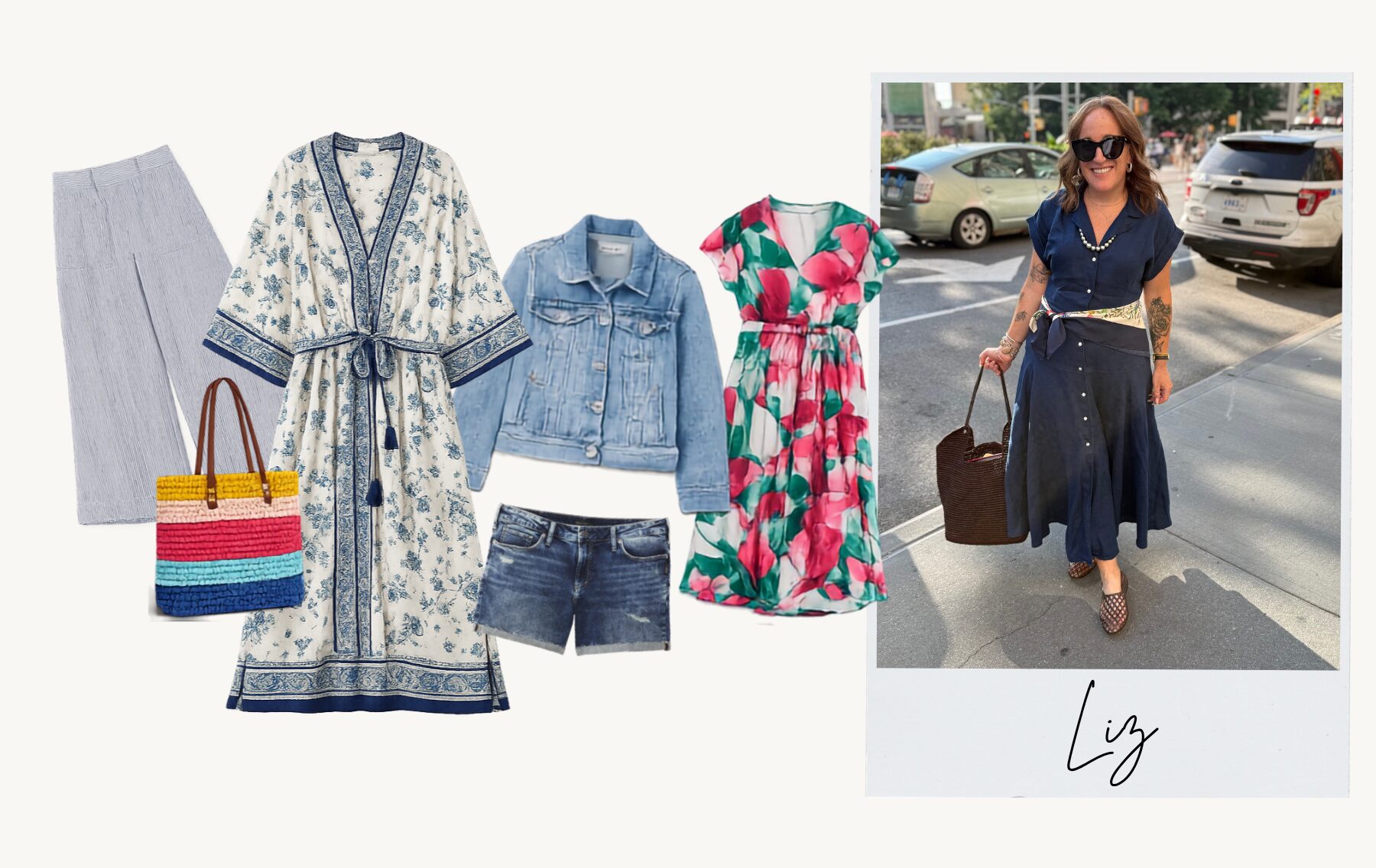 Liz’s closet MVPs, including an inherited caftan, denim jacket, cutoff shorts, floral dress, and colorful tote.