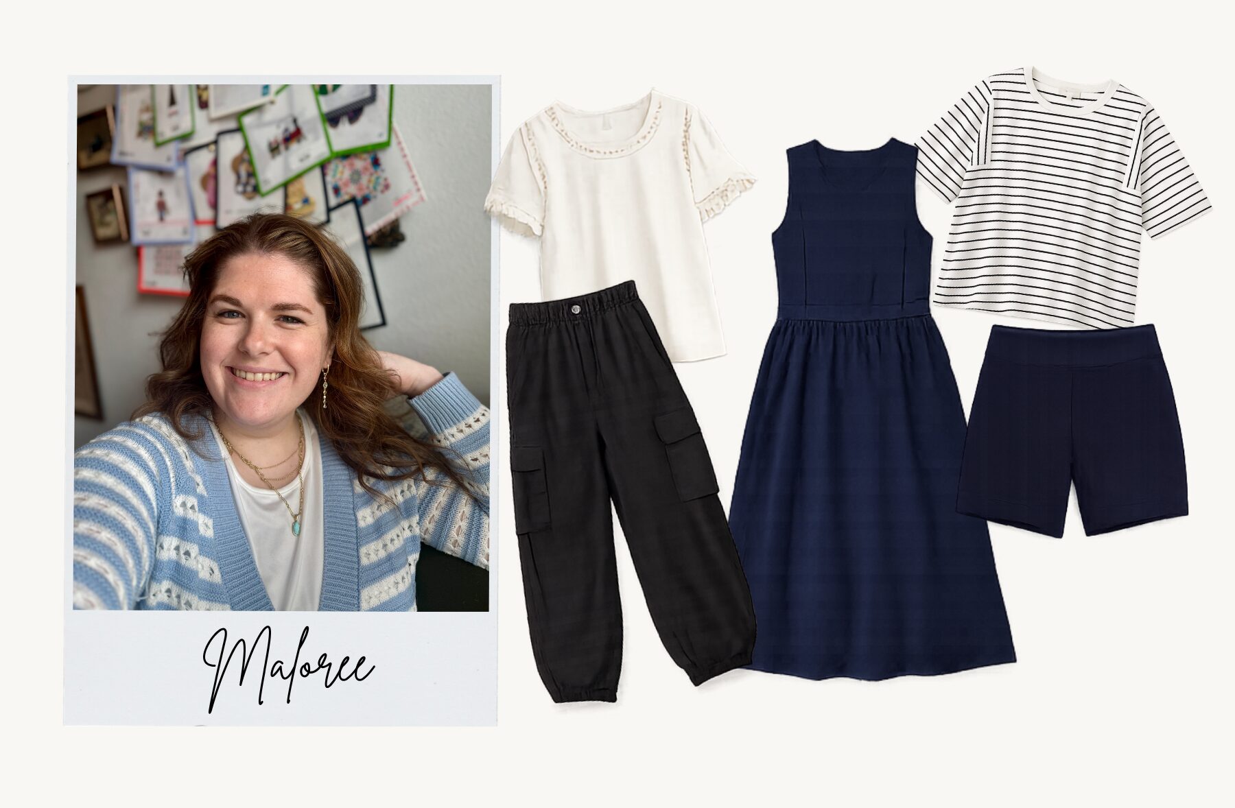 Maloree’s closet MVPs, including black pants, a navy dress, striped tee, ivory top, and navy shorts.