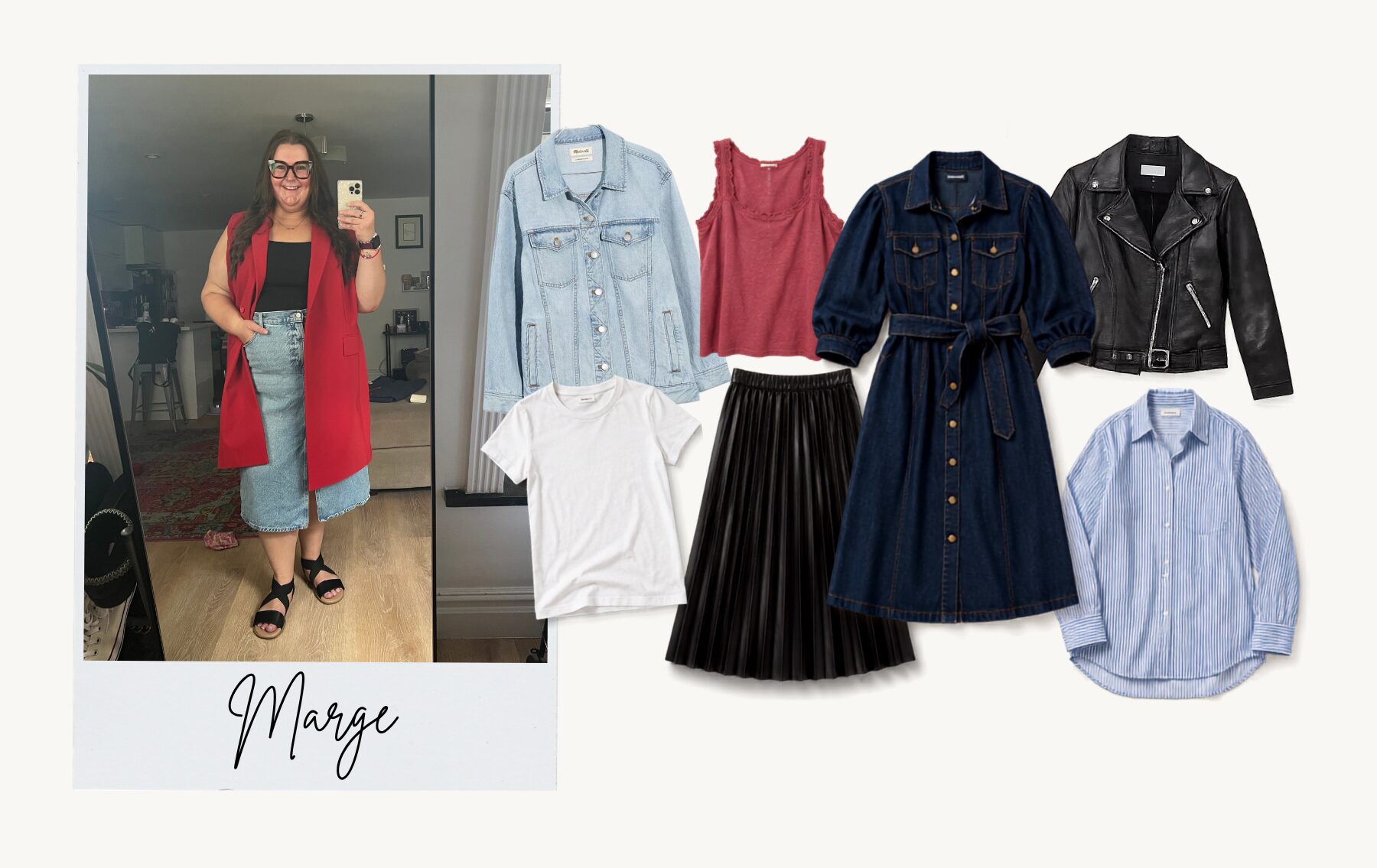 Marge’s closet MVPs, including denim layers, a pleated skirt, striped button-down, white tee, and moto jacket.
