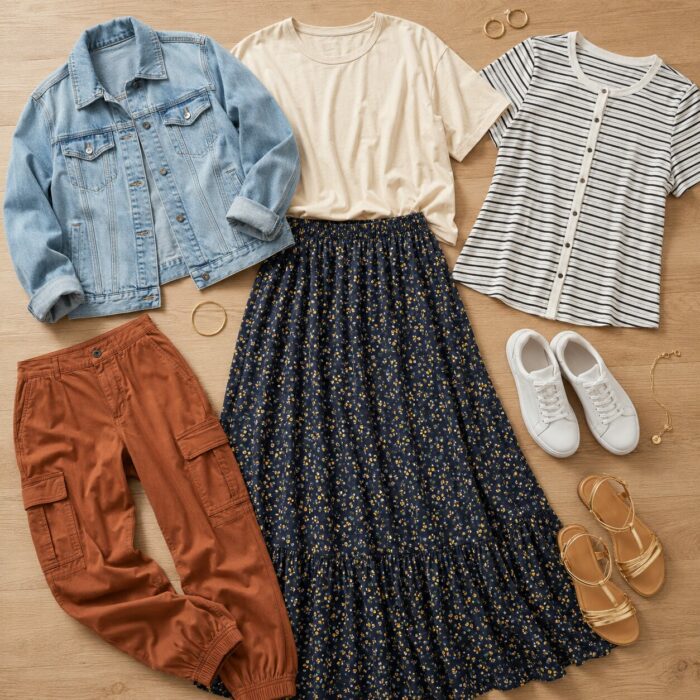 The Chill Girl Fall Box flatlay with a denim jacket, cream tee, striped top, floral maxi skirt, rust cargo pants, white sneakers and gold sandals.