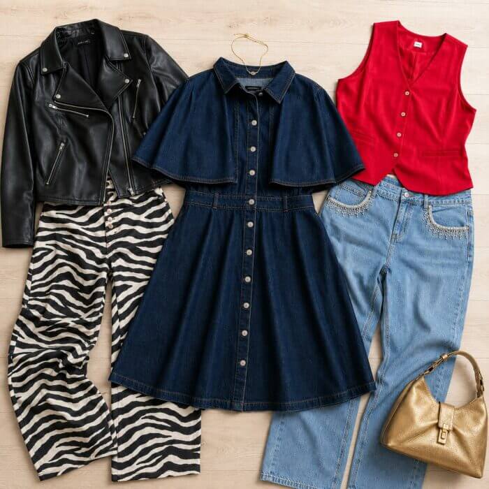 Statement-style outfit ideas including zebra print pants, denim, a red top, moto jacket and gold handbag.