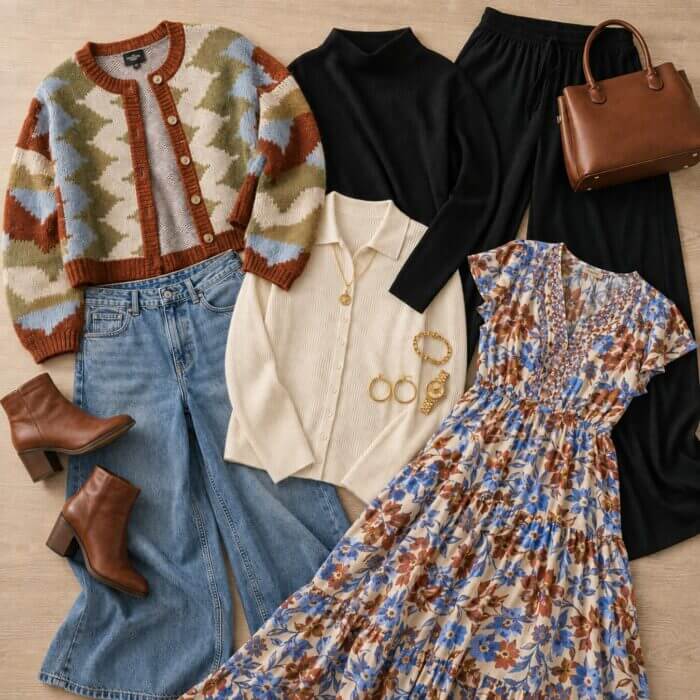 Fall outfit flat lay featuring patterned cardigan, wide-leg jeans, floral midi dress, black separates, cream knit top, brown ankle boots and accessories.
